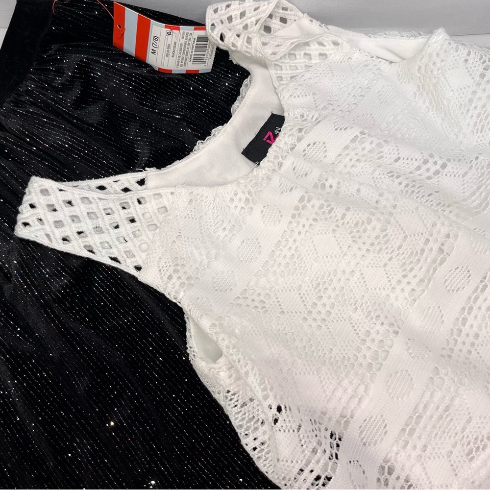 Iz Byer White Lace‎ Top and mettalic skirt